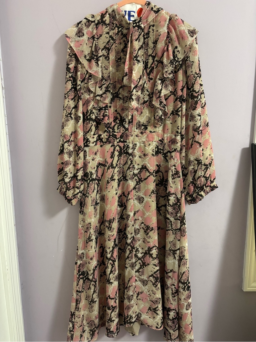 Walter Baker Pink and Cream Ruffle-Trim snake design Long Dress and long sleeves